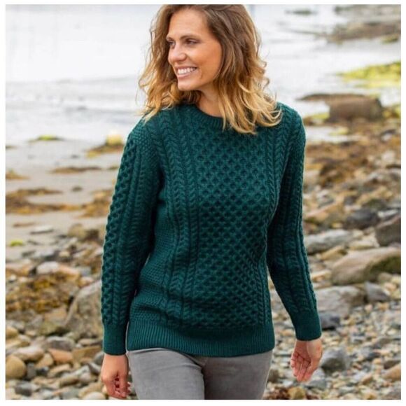 The Irish Store Women’s Emerald Green New Wool Fisherman Knit Chunky Crewneck Sw - Picture 1 of 10